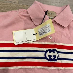Gucci Authentic new with tags stretch, cotton pink rose polo shirt, size 12